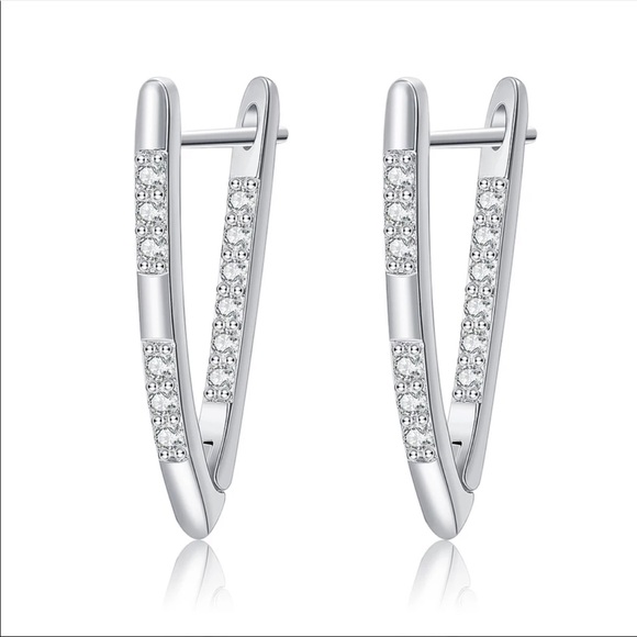 New V-shape White Gold Plated Diamond Hoop Earring - Picture 2 of 5